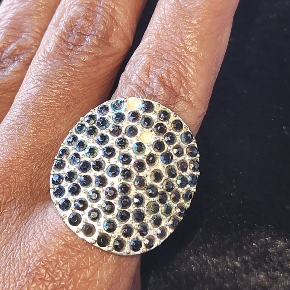 Black Blue Iridescent Round Crystal Ring Size 8